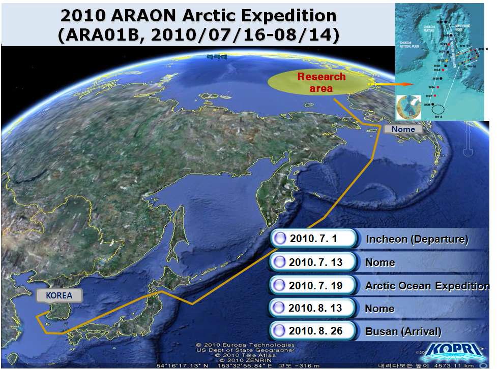 2010년 7월 16일 알라스카 놈(Nome)에서 출발하여 8월 14일까지 서북극해 노스윈드 해령과 척치해 대륙붕해역에 대한 ‘아라온’ 호의 첫 시험항해 지역과 조사정점 지도(상단 우측).