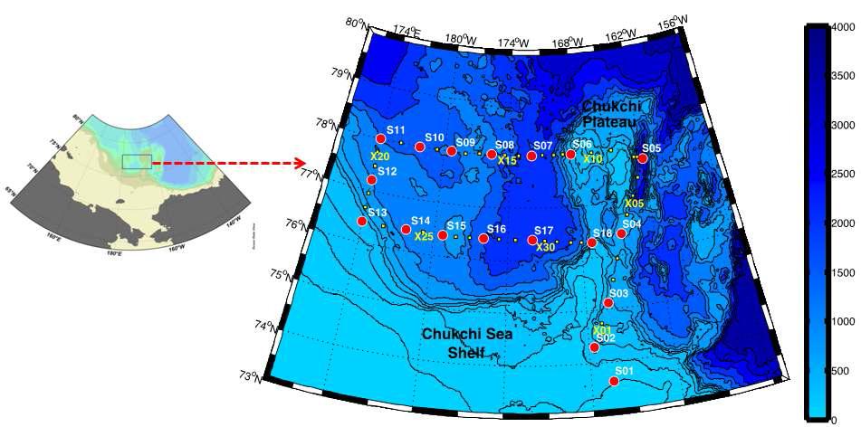 2011년 8월 1일부터 8월 21일까지 서북극해 척치해 대륙붕과 척치대지 및 척치해 심해분지와 멘델레프 해령의 남부해역을 2차례 횡단하는 ‘아라온’ 호의 제 2차 서북극해 탐사라인과 조사정점 지도. 탐사기간 동안 약 1,802 km의 천부 탄성파탐사(SBP)를 수행하여 퇴적층의 특성과 층서를 밝히기 위한 자료를 획득 하였으며 멀티빔을 이용하여 해저지형도를 작성함. 총 9점의 지질정점과 총 15 정점에서 중력시추코어와 박스코어와 멀티코어를 한 표층 퇴적물을 획득함.