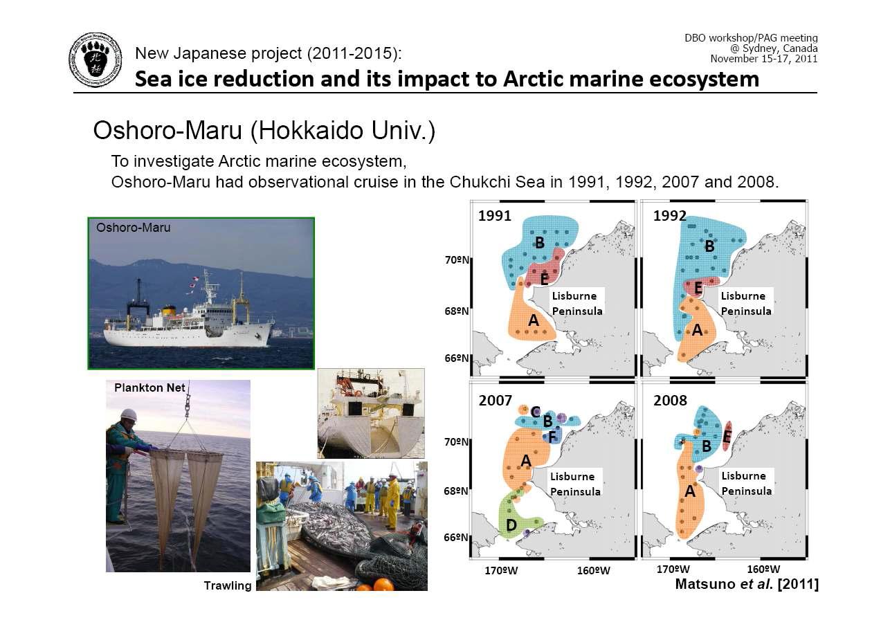 1991년부터 2008년까지 4회에 걸쳐 서북극해 알라스카 주변해역에서 ‘R.V. Oshoro-Maru‘ 호를 이용한 일본 홋카이도 대학 연구팀의 해양생태계 조사활동 및 조사연구지역.