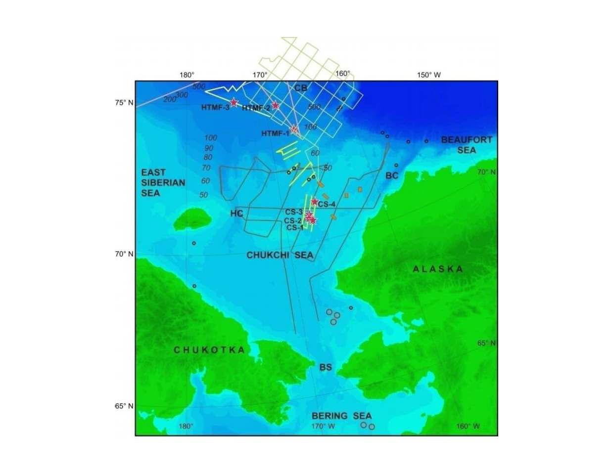 2011년 미국 ‘R.V. Langseth' 호의 탐사해역과 탐사라인과 IODP에서 추진할 시추 예비정점(붉은 별표).