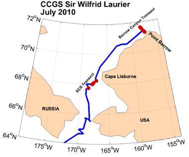 R.V. CCGS Sir Wilfrid Laurier (SWL)‘ 호를 이용하여 Victoria에서 Barrow까지 2010년 7월에 수행한 조사관측경로.