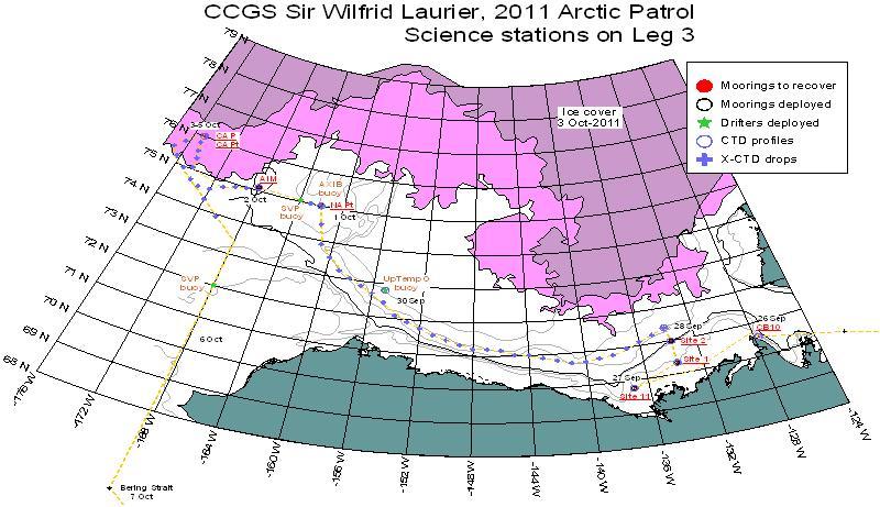 ' R.V. CCGS Sir Wilfrid Laurier (SWL)' 을 이용하여 2011년 9월 20일부터 10월 9일까지 캠브리지 만(Cambridge Bay)에서 출발하여 놈(Nome)으로 기항하면서 수행한 해역. 흰색의 해역은 조사 당시 얼음이 녹은 지역임.
