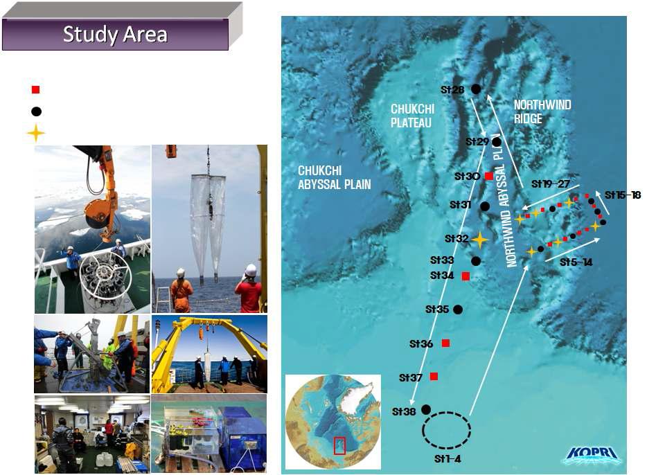 2010년 7월 16일부터 8월 14일까지 서북극해 척치해 대륙붕해역과 노스 윈드 해령 및 노스윈드 심해평원 대한 ‘아라온’ 호의 첫 시험항해 지역정점 지도우측)와 선상 시료채취 모습(좌측).