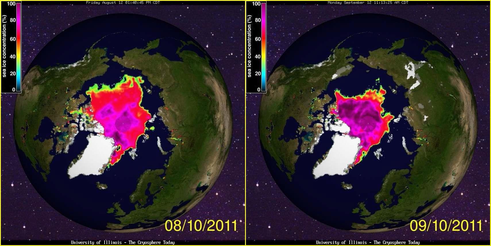 2011년 8월 10일과 9월 10일에서 위성으로 관측된 30% 이상 남아있는 북극해 해빙분포도