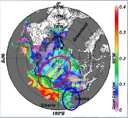 2013년 ‘R.V. Mirai' 와 ’Oshoro-Maru' 호가 공동으로 탐사를 수행할 척치해(파란색 원)와 ‘R.V. Mirai' 를 이용하여 수행 예정인 마카로프 분지와 서부 캐나다 분지(붉은색 원)