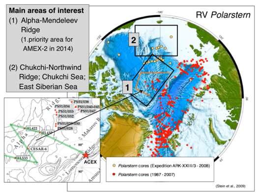 Alpha-Mendeleev Ridges 해역(1)과 척치해 주변해역(2)에서 ‘아라온’과 독일 쇄빙선 ‘Polarstern' 을 이용하여 2012년부터 2014년까지 공동탐사를 수행 할 예정임. 탐사자료는 향후 국제공동해저시추를 위한 제안서로 활용할 것임.