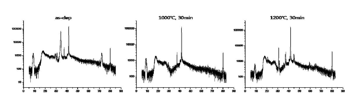 100nm ZnO/100nm IGZO 구조로 성장한 박막의 온도별 열처리 결과.