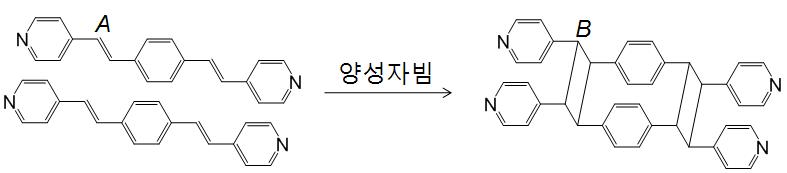 (a) 수평정렬이 된 1,4-bpep 및 (b) 양성자빔 조사 후 예상 생성물.