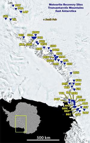 남극횡단산맥에서ANSMET에 의해 운석이 회수된약 50개 지역.