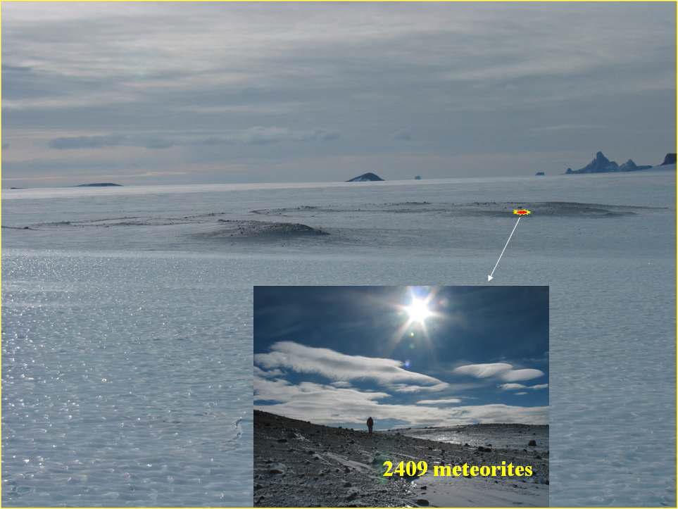 중국탐사대에 의해 약 2,400여개의 운석이 회수된 동남극 Grove 산맥 빙원위의 Moraine 지역.