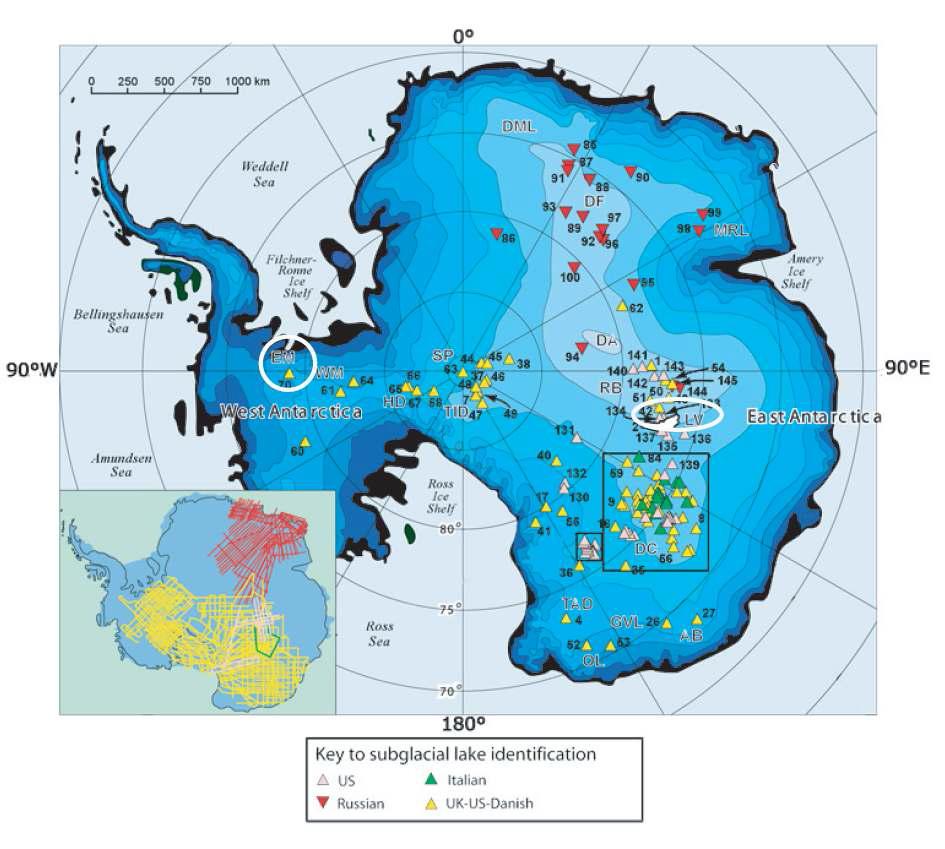 145개의 남극 빙상하 호수의 위치