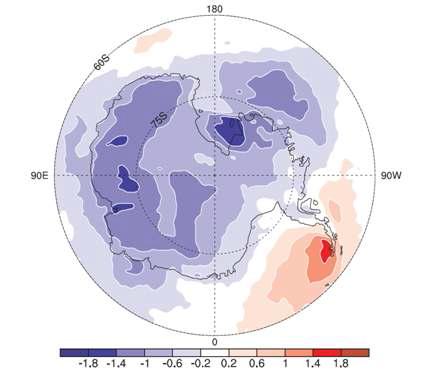 남극진동이 양의 상태일 때 지표기온 변화 분포