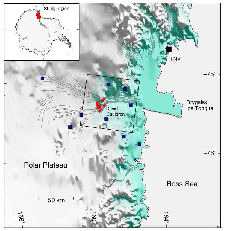 David Glacier 에서 관측된 빙 하기원 지진의 진앙위치 (붉은 별)와 장보고 기지 건설 예정지 (TNV).