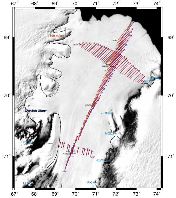 GPS를 이용하여 관측된 애머리 빙붕의 속도 분포