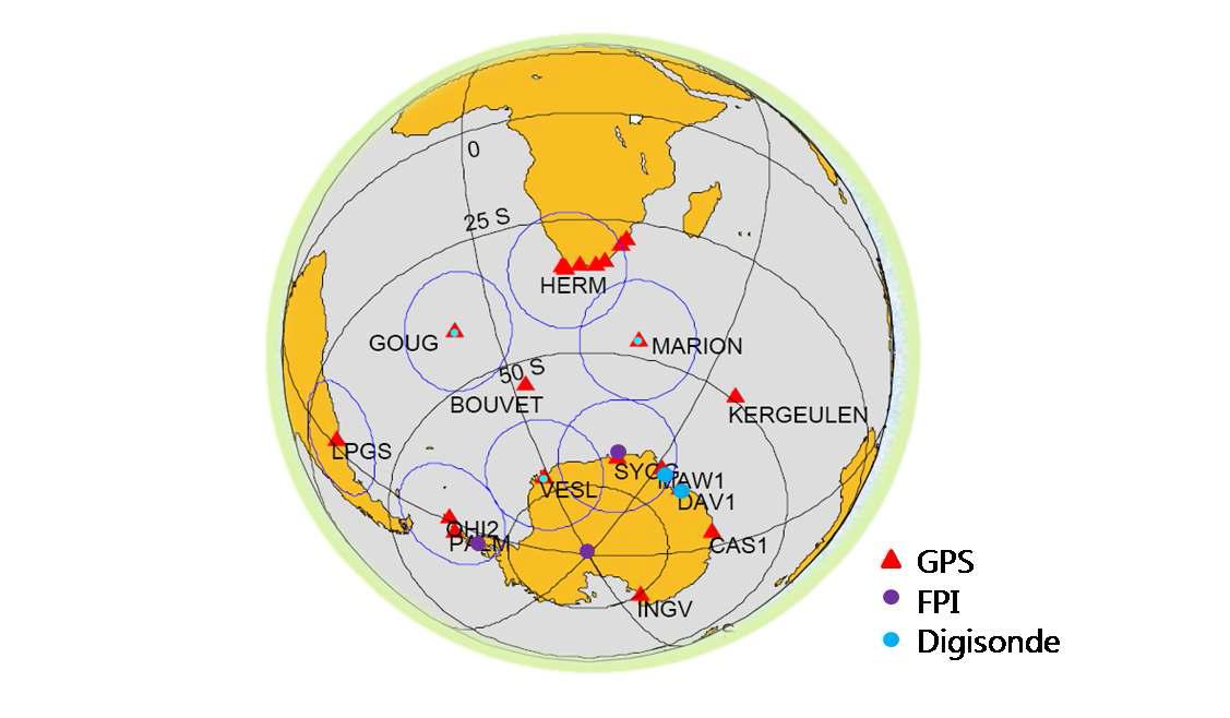 남극대륙에 위치한 GPS 기준국과 FPI와 Digisonde가 운영 중인 관측소의 위치.