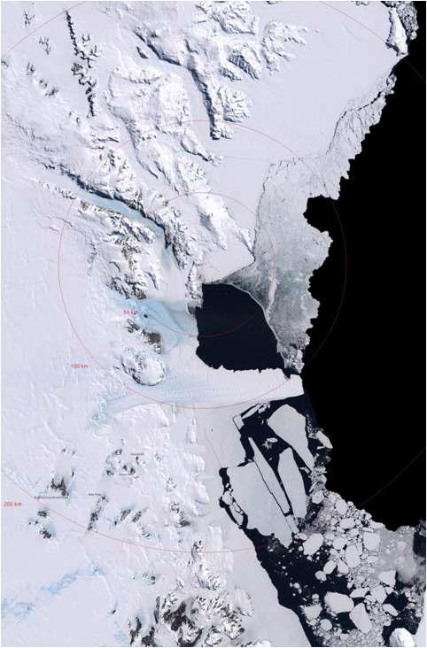 남극 장보고 과학기지가 위치할 테라노바만과 기지를 중심으로한 반경 50, 100, 200km 동심원.