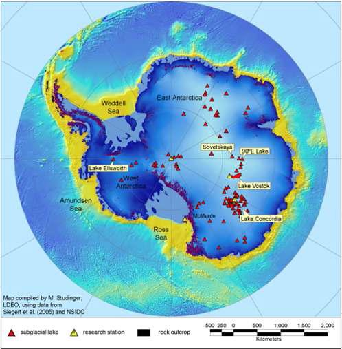 지구물리 탐사를 통해 남극 빙하 아래에서 확인된 호수들