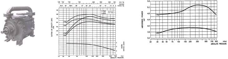 상업용 진공펌프(Travaini pumps USA. TRHC-40)와 성능곡선.