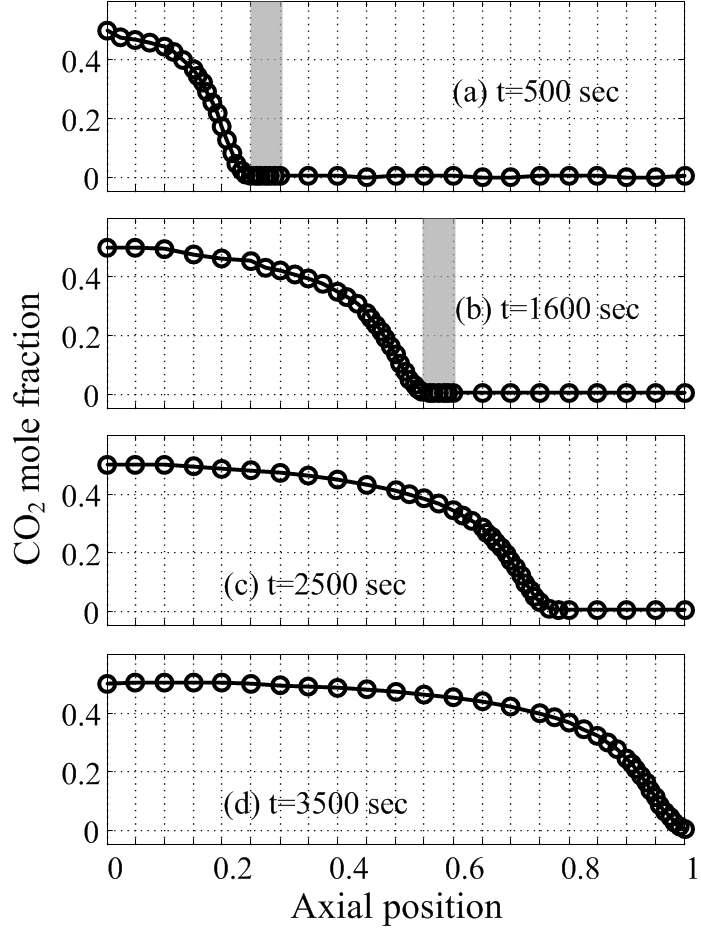 CO2 몰분율(실선)과 선점의 이동(원)구간 interval time 6sec