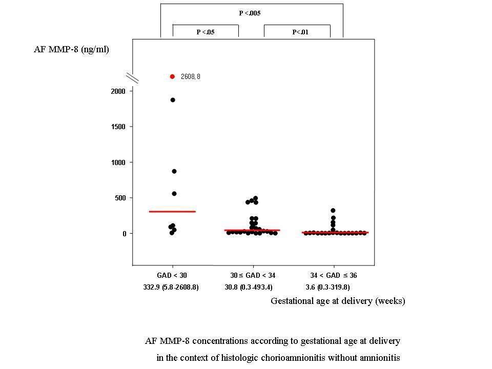 조기양막파수로 임신 36주 이전 조산하고 양막염이 발생하지 않은 조직학적 융모양막염을 가진 산모 중 분만 주수에 따른 양수 내 MMP-8의 농도.