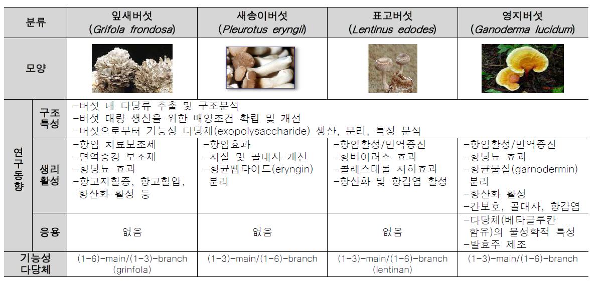 본 연구에서 사용하고자 하는 잎새, 새송이, 표고, 영지버섯들의 연구현황