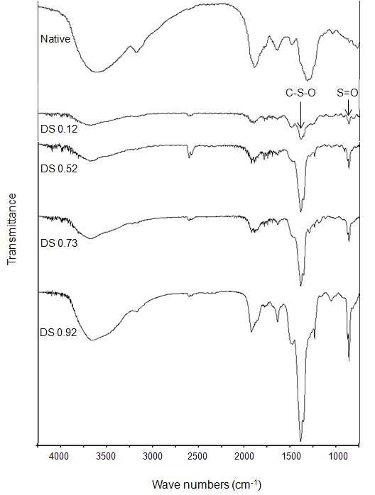 FT-IR spectra of native and sulfated beta-glucans from Pleurotus eryngii.