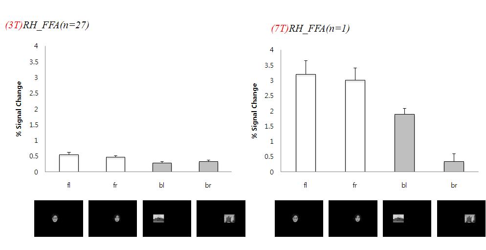 3T와 7T에서의 FFA에서의 BOLD 신호 값 비교