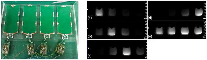 (좌) 4채널 Non overlap 코일, (우) (a), (b), (c), (d)는 각 채널별 영상과(e) 는 combine 영상