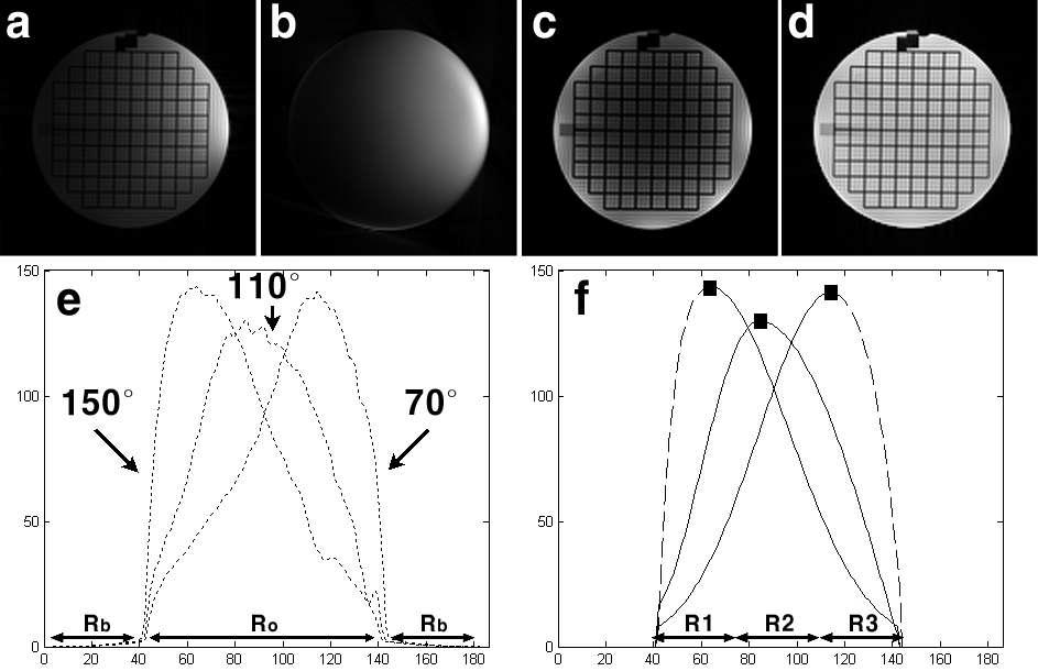 제안한 알고리즘 (a)각 채널별 영상, (b)sensitivity profile, (c)채널별 영상을 합친 영상, (d)제안한 방법을 통한 밝기가 균등화된 영상, (e)projection profile, (f)3등분한 projection profile