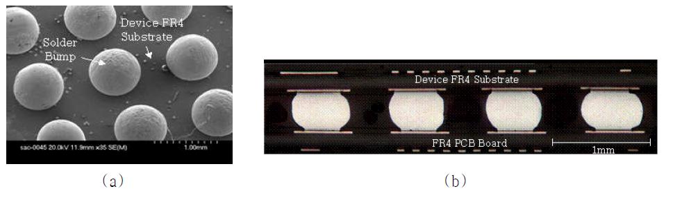Images of (a) solder bumps array taken by SEM and (b) cross section of interconnection joints taken by optical microscope.
