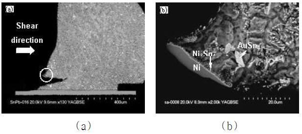 Cross-section SEM picture of Sn3.5Ag solder bump after aging for 9 days faild in ductile failure mode I with (a) low magnification and (b) high magnification at part A.