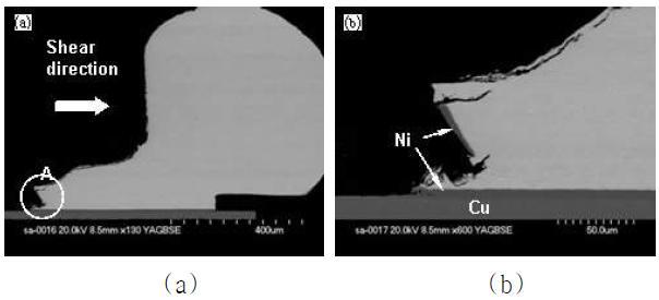 Cross-section SEM picture of Sn3.5Ag solder bump after aging for 1 day failure in ductile failure mode II with (a) low magnification and (b) high magnification at part A.