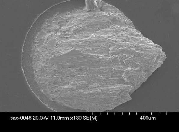 Fractograph of Sn3.5Ag solder bump after aging for 1 day failed in ductile failure mode II at the substrate side.