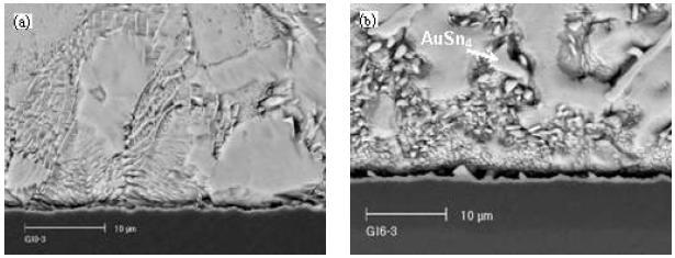 Interfacial microstructure of Sn3.5Ag solder bumps reflowed by ISHR (a) as-reflowed and (b) after aging for 16 days at 120℃.