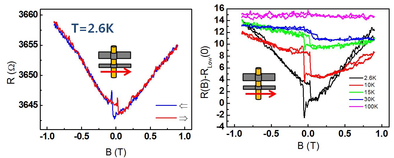 (좌) 외부 자기장이 전극의 easy axis에 수평으로 인가되는 상황에서의 자기 저항 곡선. 측정 온도는 2.6 K이다. 자기장의 인가 방향에 따라서 0.04 T 지점에서 자기 저항의 급격한 switching이 일정 하게 관측되었다. 이는 자기장이 기판에 수직으로 인가될 경우에는 관측되지 않았던 현상으로 자성 전극 에서 주입되는 스핀 분극된 전자들과 관련이 있을 것으로 추정된다. (우) 자기 저항 스위칭의 온도 의존 성. 스위칭은 30K 이상 온도가 증가할 경우에는 사라지는데 이는 Bi2Te3 나노선의 weak antilocalization 현상과 관련이 있다.