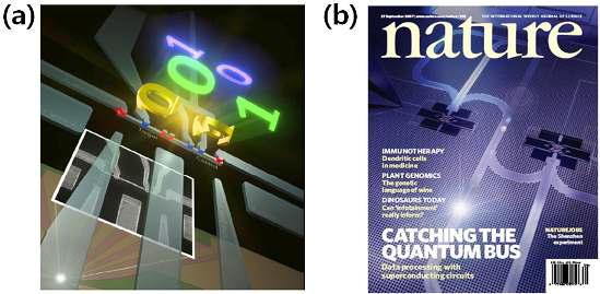 (a) 초전도 양자정보소자 (superconducting qubit)의 상상도 (b) Nature지의 표지 논문으로 선 정된 두 초전도 큐빗 회로 사이에서 진 행하는 단일 마이크로파 큐빗의 모식도.