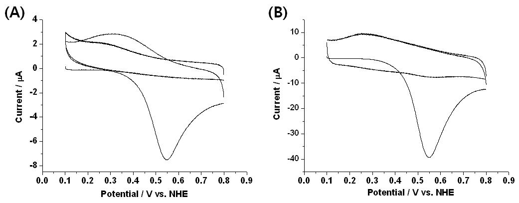 CO stripping voltammograms of flat Ru (500) (A)and Ru(500)/AAO (B).