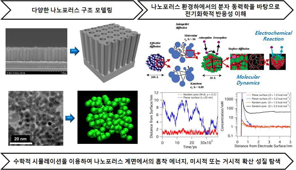 연구 목표 2: 나노포러스 구조를 모델링하여 나노포러스 계면에서 분자동력학 거동과 미시적 확산 거동을 시뮬레이션을 이용하여 제시.