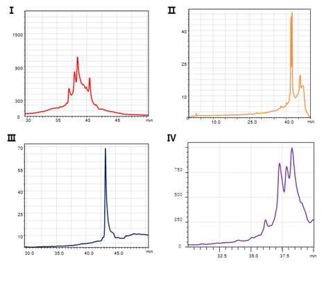 HPLC analysis of isolated and purified TMC analogues. (Ⅰ) 3’-dehydroxy TMC form ΔtmcG mutants strain. (Ⅱ) 1“-hydroxy-carboxylic TMC from ΔtmcM mutant strain. (Ⅲ) 5-deoxy TMC frome ΔtmcR mutants strain. (Ⅳ) Carboxylic TMC from ΔtmcK mutant strain.
