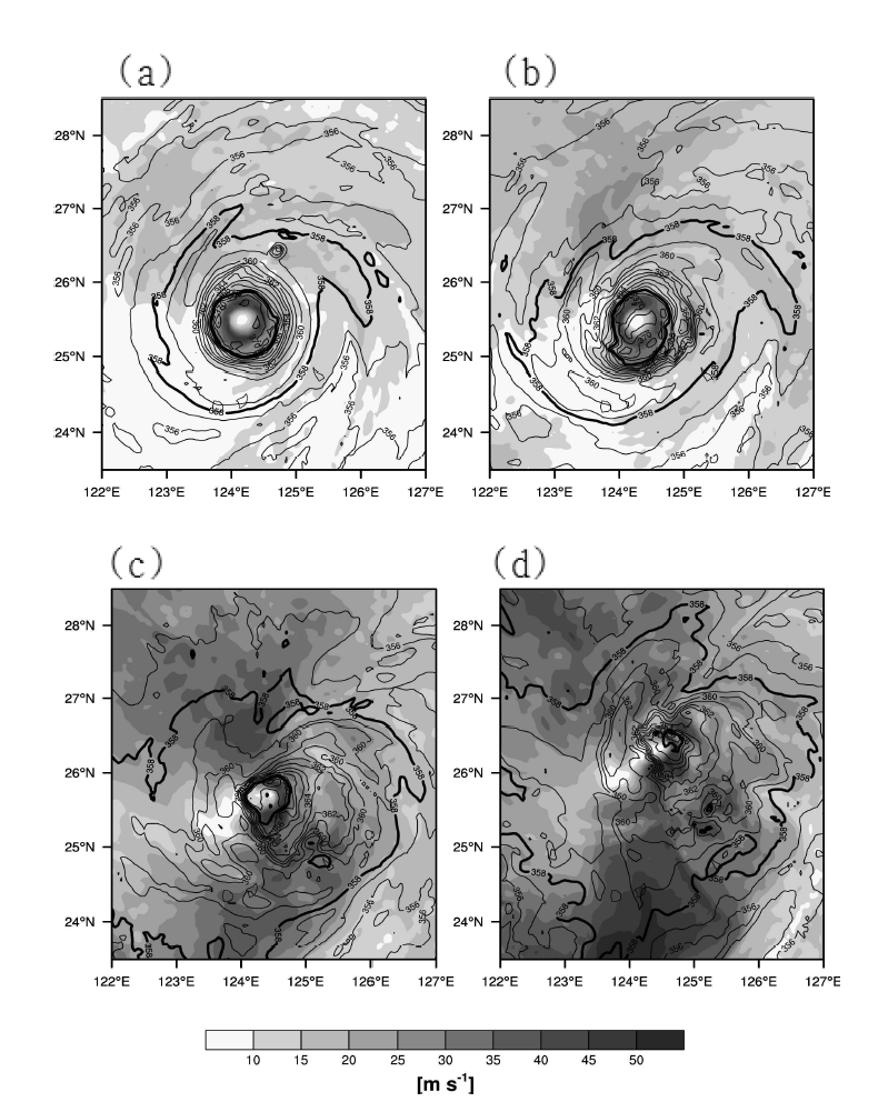 The magnitudes of deep-layer wind shear vector (|V200 – V850|, shaded) and the equivalent potential temperature at 200 hPa (contour) in the (a) CTL, (b) H75, (c) H50, and (d) H25 simulations at 18 UTC 9 August 2006. Contour interval is 1 K. Inner and outer thick solid lines represent a contour of 368 K and 358 K, respectively.