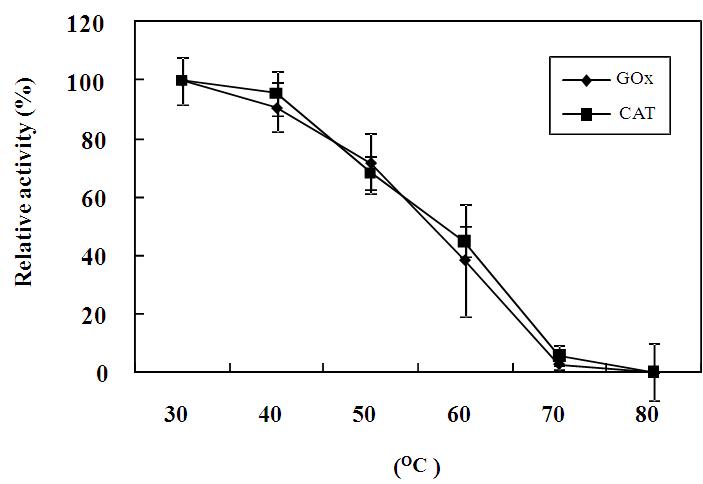 하이드로겔에 고정화된 GOx와 PO의 온도에 따른 활성. GOx 또는 PO가 고정화 된 하이드로겔은 pH 6.0에서 30-80 °C의 다양한 온도에서 10 분 동안 반응 후 활성을 측정하였다.