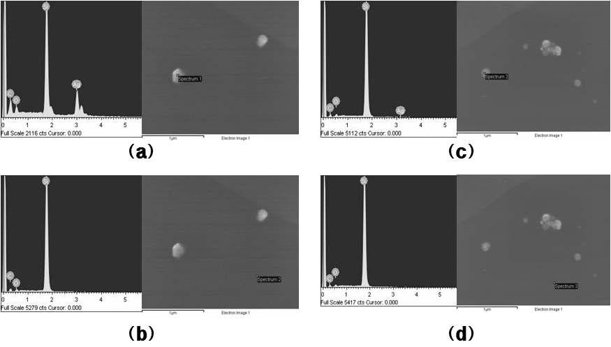 Ag/PAC 나노겔의 EDX 스펙트럼 ; PAC 1 wt%, Hexane 3 wt%, AgNO3 0.005 M (a),(b) 50 kGy, (c),(d) 100 kGy