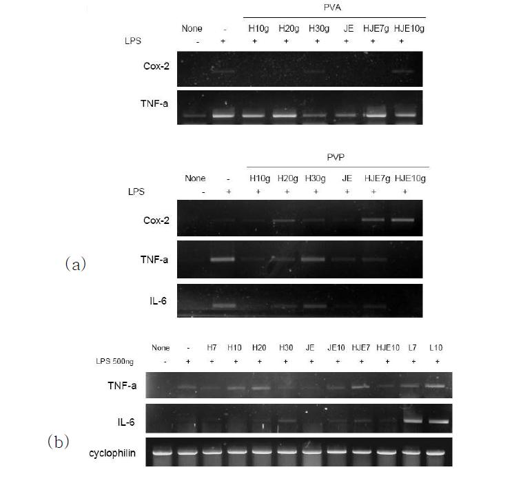 LPS에 의해 유도되는 TNF-α 유전자 발현에 미치는 효과. (a) 하이드로겔, (b) 천연추출물