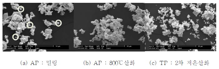 그림 3.3.3.5 밀링 및 열처리 공정에 따른 분말 SEM관찰 형상