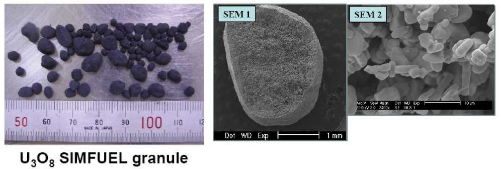 Fig. 3.1.4.1 Macroscopic and microscopic images of the prepared U3O8 SIMFUEL granule