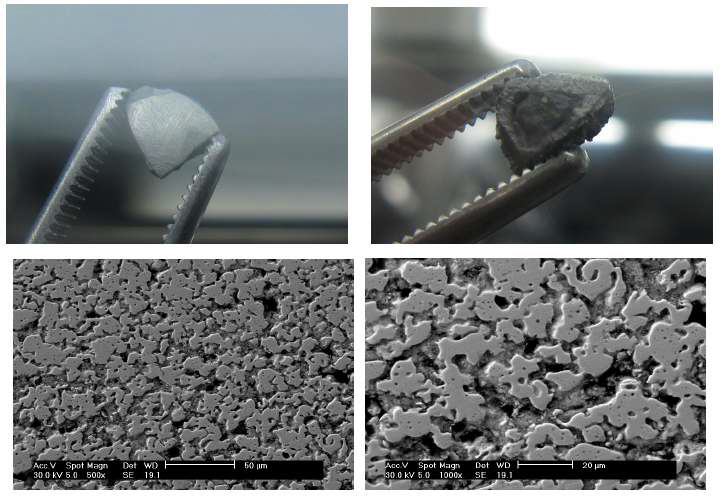 Fig. 3.1.4.5 Macroscopic and microscopic images of a dense pellet after electrolysis.