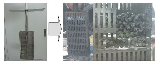 Fig.3.1.6.20. Photograph of cathode basket (left) before and (right) after electrolytic reduction of 1.88 kg-oxide pellet.