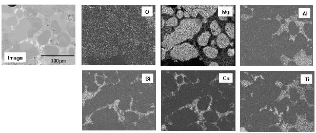 Fig. 3.2.1.20 Cross-sectional SEM image and the elemental distribution of MgO-Al2O3-SiO2-CaO-TiO2.