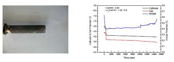 Fig. 3.2.3.2 Local corrosion of Pt electrode and potential curve(Li2O concentration < 0.6 wt.%).