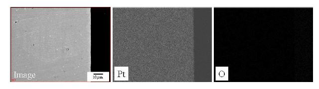 Fig. 3.2.3.10 Cross-sectional SEM image and elemental distribution of Pt electrode corroded at 650℃ for 72 h in molten salt of LiCl-1%Li2O.